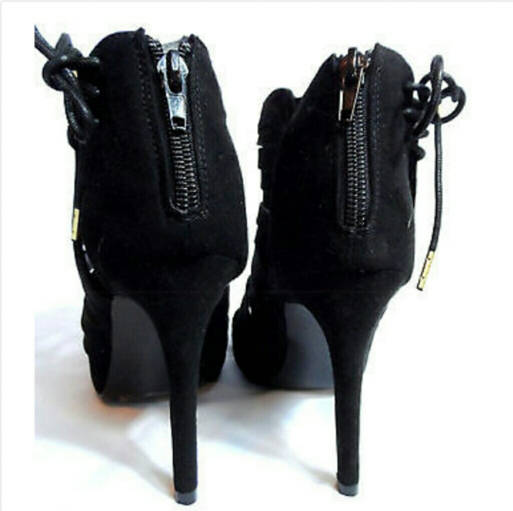 QUPID Bootie Stilleto High Heels Spiked Heel Black Zipper & Bows Velvet Slashed - Picture 4 of 7